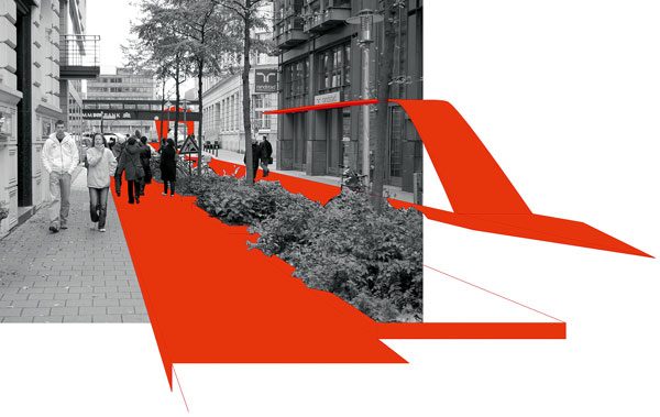 Wege durch die autodominierte Stadt: Stuttgarter Studenten haben sich auf Initiative der städtebaulichen Herausforderung beschäftigt. In ihrer Visualisierung des Katharinenwegs zieht sich ein rotes Band von der Speicherstadt zum Rathaus.