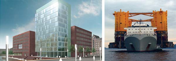 Am Brooktorkai entsteht die neue Zentrale des Germanischen Lloyd in der HafenCity (links). Auch Offshore-Anlagen werden vom GL betreut (rechts). (2,3)
