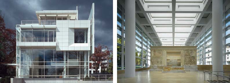 Das Hauptquartier der Hamburger Reederei Rickmers neben dem amerikanischen Konsulat wurde 2001 fertig gestellt. (4) // Das Ara Pacis-Museum hat in Rom eine öffentliche Diskussion um moderne Architektur ausgelöst, die bis heute anhält. (5)