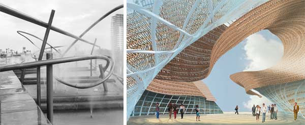 Der Diagonal Parc Mar in Barcelona (links) und der Pavillon, mit dem Spanien sich auf der Expo 2010 in Schanghai präsentieren wird (rechts). (4)