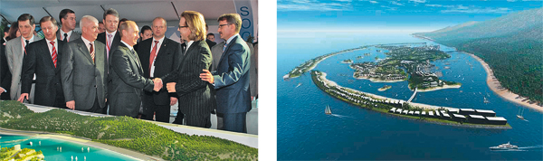Erick van Egeraat und Wladimir Putin begrüßen sich im Zuge  der Präsentation des Projekts Federation Island in Sotschi  am Schwarzen Meer (2007). Visualisierung und Foto: (Designed by) Erick van Egeraat